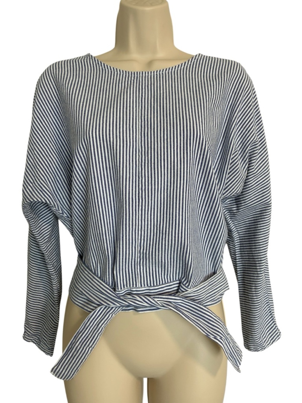 Only - Blue and White Striped Tie-Front Long Sleeve Top - Picture 2 of 12